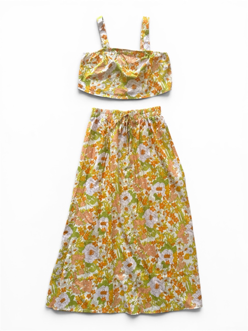 Vintage-Inspired Floral Print Fabric Top in Orange, Green & White